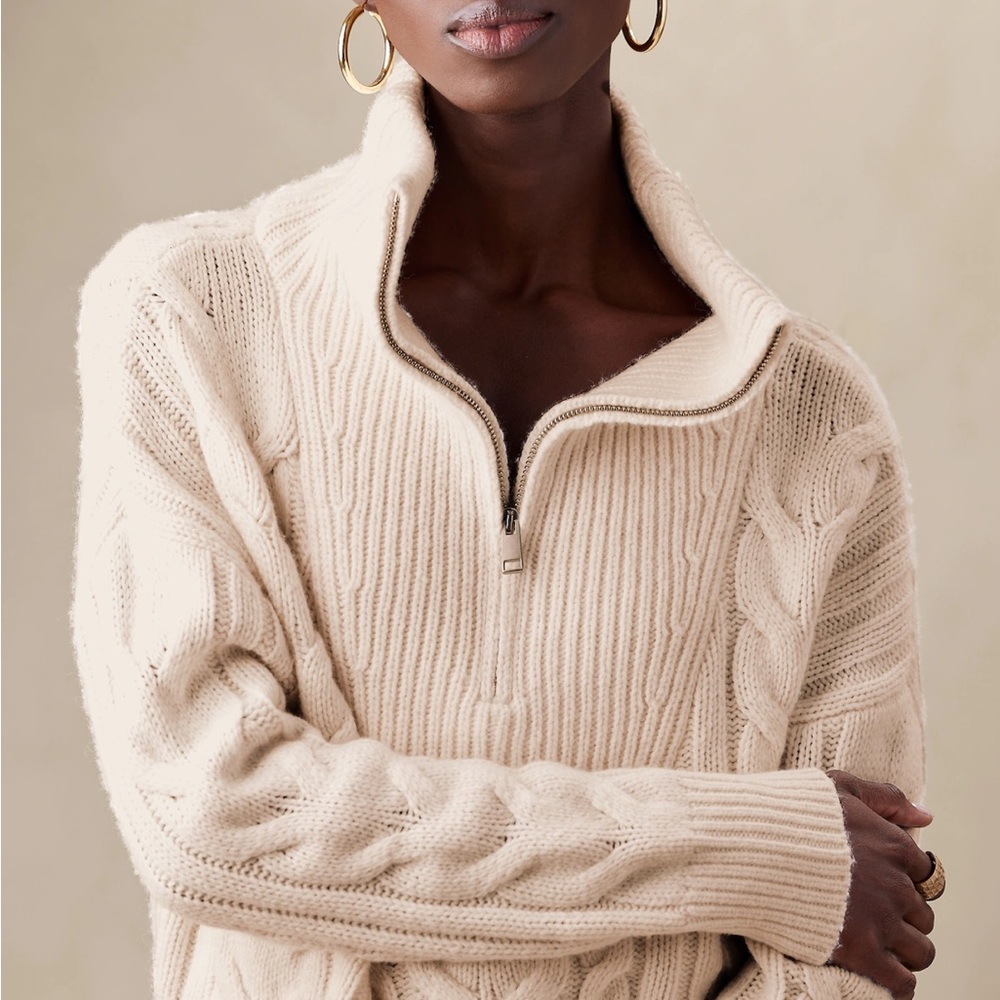 Banana Republic Camel Brown Cable-Knit Half-Zip Sweater - Picture 3 of 6